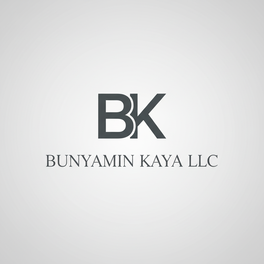 TABLO ÜZERİNDE BK ADINDA BİR LOGO VE ALTA DA BUNYAMIN KAYA LLC YAZAN BİR LOGO YAZ
